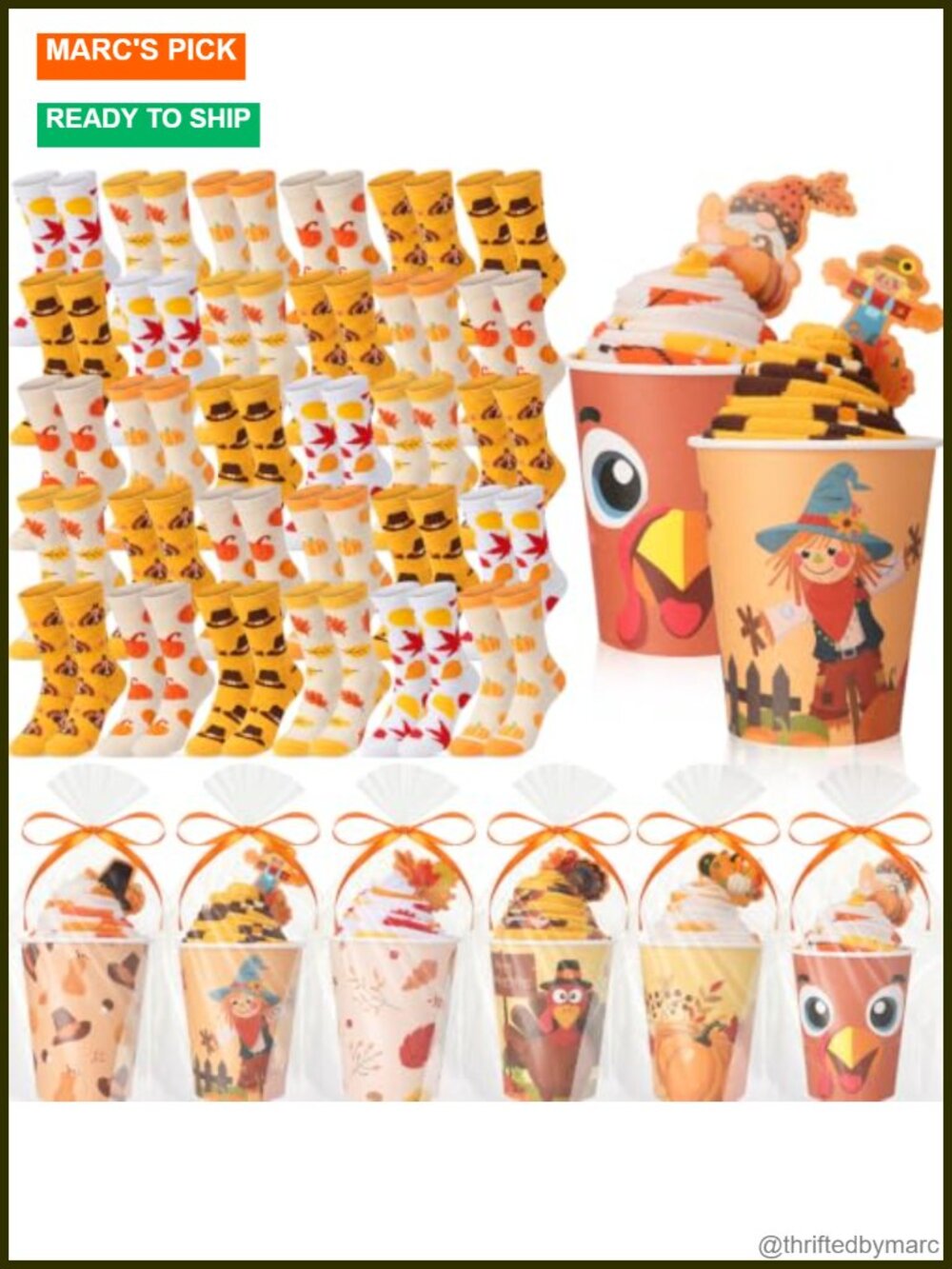 Thanksgiving Socks Set 30 Pairs Polyester Cotton Cupcake Toppers Cups Party